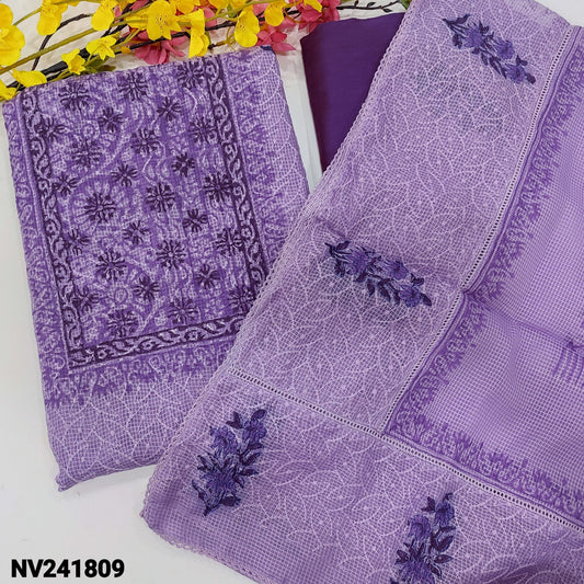 CODE NV241809 : Lavender block printed fancy kota unstitched salwar material, self embroidered on front(netted fabric, lining needed)purple silk cotton bottom, block printed fancy super net dupatta with crochet lace work.