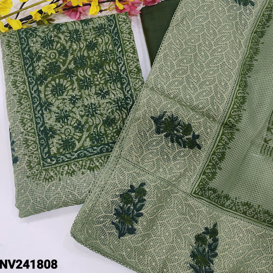 CODE NV241808 : Pastel green block printed fancy kota unstitched salwar material, self embroidered on front(netted fabric, lining needed)dark green silk cotton bottom, block printed fancy super net dupatta with crochet lace work.