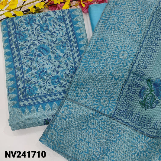 CODE NV241710 : Pastel blue block printed fancy kota unstitched salwar material, self embroidered on front(netted fabric, lining needed)light blue silk cotton bottom, block printed fancy kota dupatta with lace &thread work.