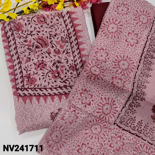 CODE NV241711 : Pastel pink block printed fancy kota unstitched salwar material, self embroidered on front(netted fabric, lining needed)dark maroon silk cotton bottom, block printed fancy kota dupatta with lace &thread work. (Copy)