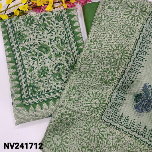 CODE NV241712 : Pastel green block printed fancy kota unstitched salwar material, self embroidered on front(netted fabric, lining needed)green silk cotton bottom, block printed fancy kota dupatta with lace &thread work.