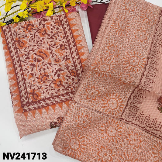 CODE NV241713 : Peachish pink block printed fancy kota unstitched salwar material, self embroidered on front(netted fabric, lining needed)dark pinkish maroon silk cotton bottom, block printed fancy kota dupatta with lace &thread work.