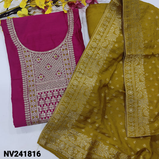 CODE NV241816 : Bright pink fancy soft silk cotton unstitched salwar material, heavy zari& sequins work on yoke(soft fabric, lining needed)mehandhi yellow santoon bottom, fancy silk cotton dupatta banarasi zari woven buttas& borders.