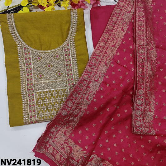 CODE NV241819 : Mehandhi yellow fancy soft silk cotton unstitched salwar material, heavy zari& sequins work on yoke(soft fabric, lining needed)bright pink santoon bottom, fancy silk cotton dupatta banarasi zari woven buttas& borders.