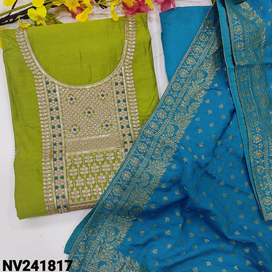 CODE NV241817 : Tender leaf green fancy soft silk cotton unstitched salwar material, heavy zari& sequins work on yoke(soft fabric, lining needed)turquoise blue santoon bottom, fancy silk cotton dupatta banarasi zari woven buttas& borders.