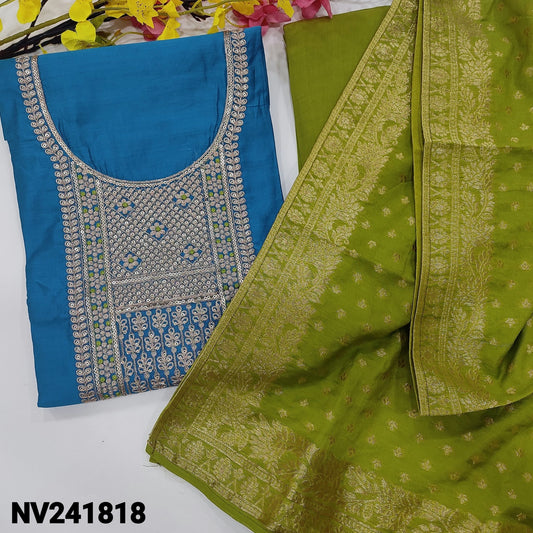 CODE NV241818 : Turquoise blue fancy soft silk cotton unstitched salwar material, heavy zari& sequins work on yoke(soft fabric, lining needed)light green santoon bottom, fancy silk cotton dupatta banarasi zari woven buttas& borders.