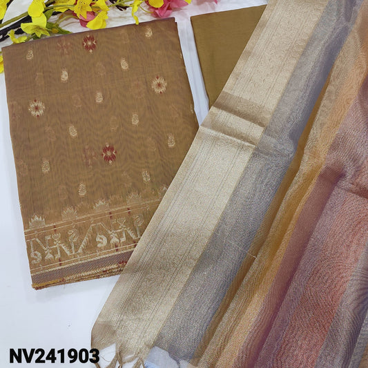 CODE NV241903 : Dual shaded golden beige silk cotton unstitched salwar material, meenakari zari weaving all over(thin fabric, lining needed)matching drum dyed cotton bottom, multi color tissue silk cotton dupatta with banarasi zari woven borders.