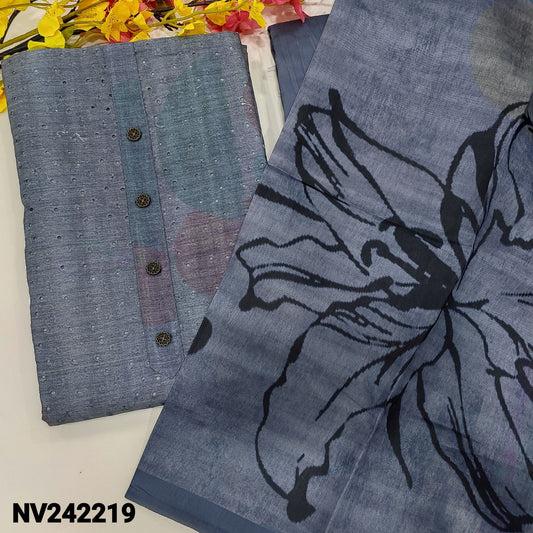 CODE NV242219 : Bluish grey digital printed silk cotton unstitched salwar material, fancy buttons on yoke, schiffli embroidered on front(thin fabric, lining needed)matching silky bottom, digital printed fancy silk cotton dupatta.