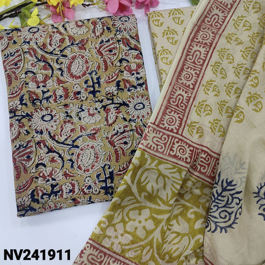 CODE NV241911 : Light mehandhi yellow base kalamkari hand block printed pure cotton unstitched salwar material(lining optional)hand block printed cotton bottom, hand block printed pure cotton dupatta.