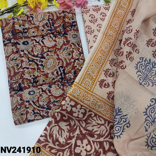 CODE NV241910 : Reddish maroon base kalamkari hand block printed pure cotton unstitched salwar material(lining optional)hand block printed cotton bottom, hand block printed pure cotton dupatta.