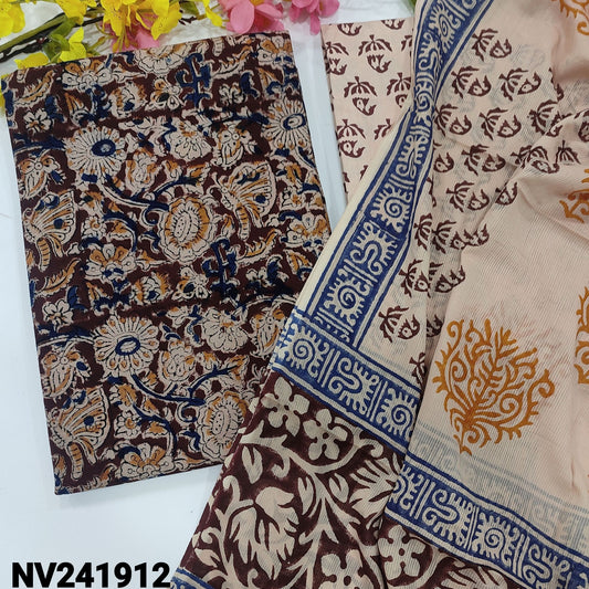 CODE NV241912 : Dark maroon base kalamkari hand block printed pure cotton unstitched salwar material(lining optional)hand block printed cotton bottom, hand block printed pure cotton dupatta.