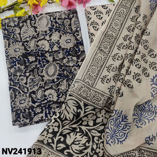 CODE NV241913 : Black base kalamkari hand block printed pure cotton unstitched salwar material(lining optional)hand block printed cotton bottom, hand block printed pure cotton dupatta.