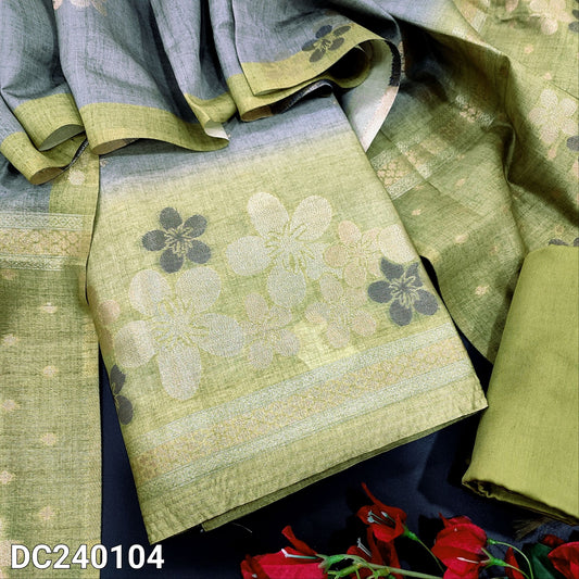 CODE DC240104 : Greenish grey designer jamdani woven premium silk cotton unstitched salwar material, zari buttas all over(thin fabric, lining needed)light green premium cotton bottom, dual shaded premium silk cotton dupatta with rich pallu.