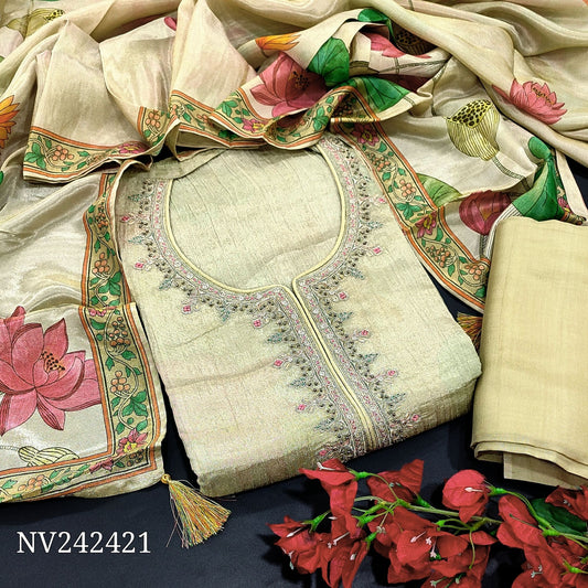 CODE NV242421 : Greenish beige designer digital printed crinkled tissue organza silk unstitched salwar material, bead, zari& sequins work on yoke(thin fabric, lining needed)matching silky bottom, digital printed tissue organza silk dupatta.