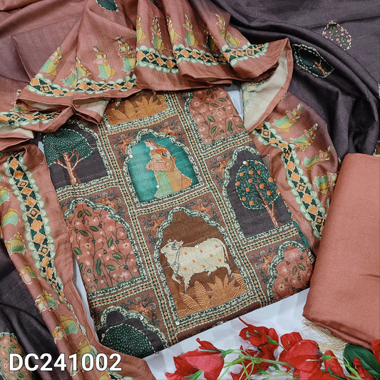 CODE DC241002 : Multi color digital printed premium silk cotton unstitched salwar material, hand embroidered on front(lining needed)onion pink silk cotton bottom, digital printed fancy soft silk cotton dupatta with printed borders.