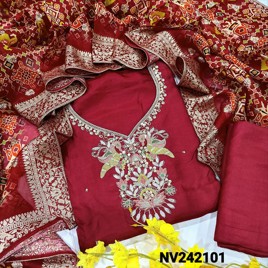 CODE NV242101 : Reddish maroon designer russian silk unstitched salwar material, rich work on yoke(shiny fabric, lining needed)matching santoon bottom, patola printed pure organza dupatta with banarasi zari woven buttas& borders.