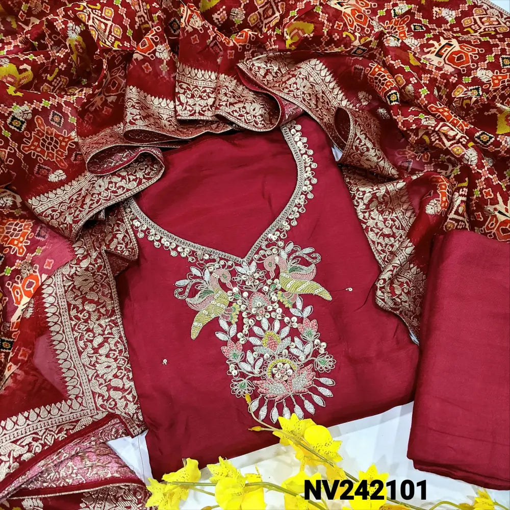 CODE NV242101: Reddish maroon designer russian silk unstitched salwar material rich work on yoke(shiny fabric lining