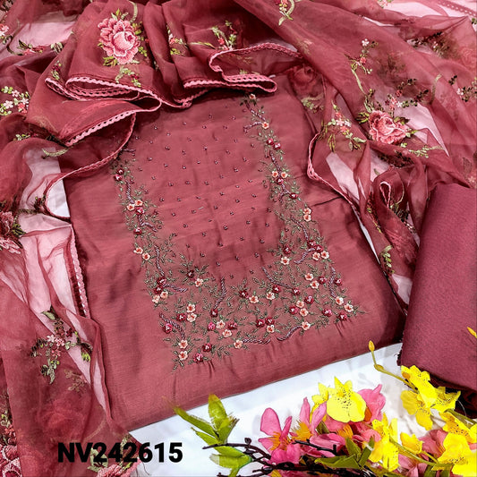 CODE NV242615 : Dark onion pink designer premium silk cotton unstitched salwar material, rich bead work on yoke(thin fabric, lining needed)matching santoon bottom, rich embroidered fancy organza dupatta with lace tapings.