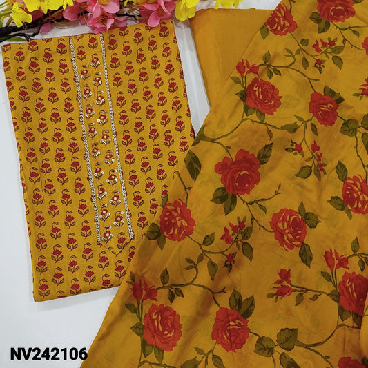 CODE NV242106 : Bright mango yellow base printed soft cotton unstitched salwar material, zari, bead &sequins work on yoke(lining needed)matching thin fabric provided for lining, NO BOTTOM, printed soft mixed cotton dupatta(REQUIRES TAPINGS).