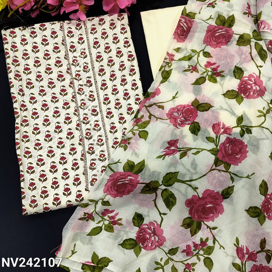 CODE NV242107 : Half white base printed soft cotton unstitched salwar material, zari, bead &sequins work on yoke(lining needed)matching thin fabric provided for lining, NO BOTTOM, printed soft mixed cotton dupatta(REQUIRES TAPINGS).