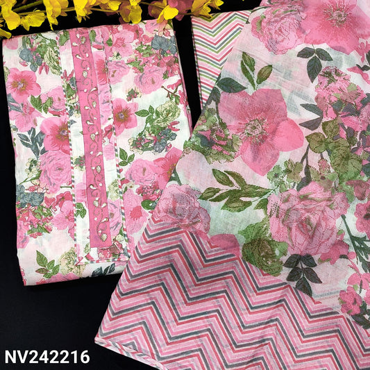 CODE NV242216 : White base pink floral printed soft cotton unstitched salwar material, zari& sequins work on yoke(lining needed)zig zag printed cotton bottom, printed soft cotton dupatta(REQUIRES TAPINGS).