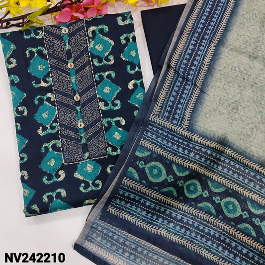 CODE NV242210 : Dark blue printed soft satin cotton unstitched salwar material, thread& buttons on yoke(lining optional)matching cotton bottom, digital printed silk cotton dupatta.