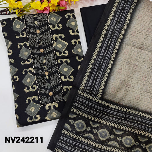 CODE NV242211 : Black printed soft satin cotton unstitched salwar material, thread& buttons on yoke(lining optional)matching cotton bottom, digital printed silk cotton dupatta.