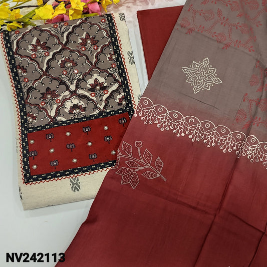 CODE NV242113 : Half white printed jute flex unstitched salwar material, ajrak block printed yoke with thread& real mirror work(lining optional)maroon cotton bottom, dual shaded premium block printed mul cotton dupatta.