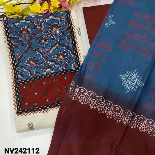 CODE NV242112 : Half white printed jute flex unstitched salwar material, ajrak block printed yoke with thread& real mirror work(lining optional)maroon cotton bottom, dual shaded premium block printed mul cotton dupatta.