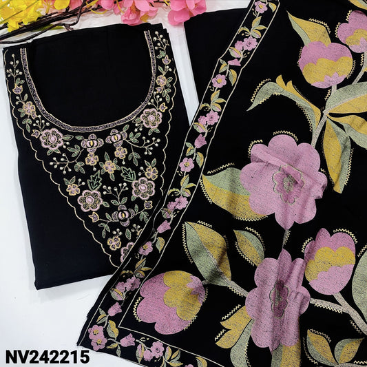 CODE NV242215 : Black premium silk cotton unstitched salwar material, embroidered& sequins work on yoke(lining needed)matching bottom, floral printed modal maslin silk dupatta.