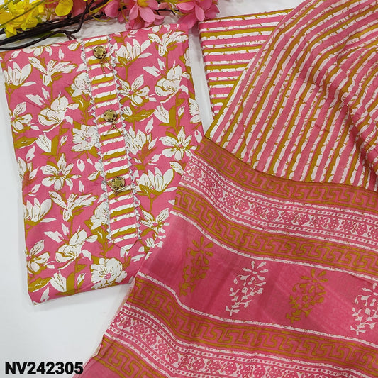 CODE NV242305 : Pink floral printed soft cotton unstitched salwar material, fancy buttons on yoke(lining needed)printed cotton bottom, crinkled printed cotton dupatta(REQUIRES TAPINGS).