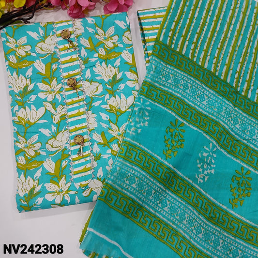 CODE NV242308 : Turquoise blue floral printed soft cotton unstitched salwar material, fancy buttons on yoke(lining needed)printed cotton bottom, crinkled printed cotton dupatta(REQUIRES TAPINGS).