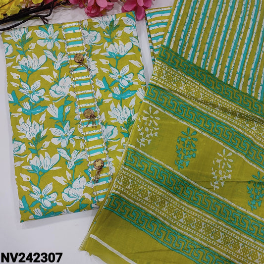 CODE NV242307 : Green floral printed soft cotton unstitched salwar material, fancy buttons on yoke(lining needed)printed cotton bottom, crinkled printed cotton dupatta(REQUIRES TAPINGS).