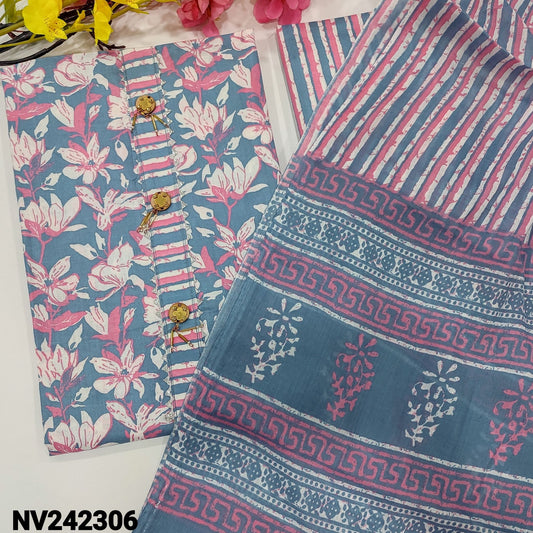 CODE NV242306 : Bluish grey floral printed soft cotton unstitched salwar material, fancy buttons on yoke(lining needed)printed cotton bottom, crinkled printed cotton dupatta(REQUIRES TAPINGS).