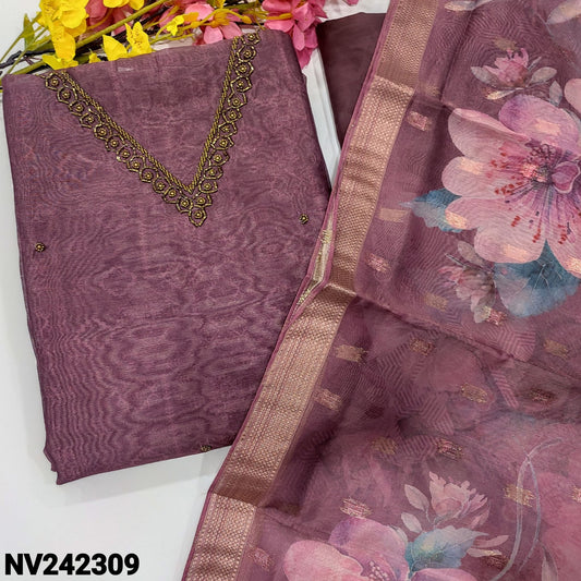 CODE NV242309 : Beetroot purple sobar digital printed tissue silk cotton unstitched salwar material, v neck, bead work on yoke& front(thin, lining needed)matching silky bottom, floral printed tissue silk cotton dupatta with zari buttas& zari woven border: