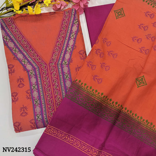 CODE NV242315 : Peachish pink printed south handloom cotton unstitched salwar material, v neck with zari& thread work(lining needed)rani pink cotton bottom, dual shaded block printed cotton dupatta.