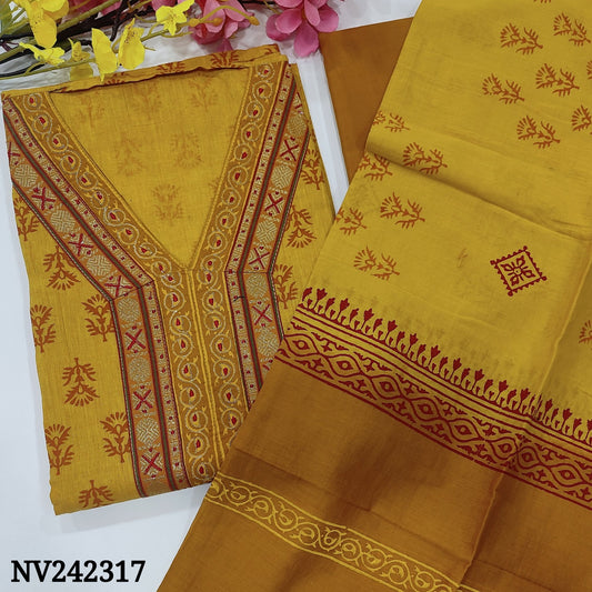 CODE NV242317 : Light yellow printed south handloom cotton unstitched salwar material, v neck with zari& thread work(lining needed)mehandhi yellow cotton bottom, dual shaded block printed cotton dupatta.