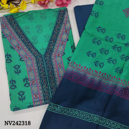 CODE NV242318 : Light turquoise blue printed south handloom cotton unstitched salwar material, v neck with zari& thread work(lining needed)dark blue cotton bottom, dual shaded block printed cotton dupatta.