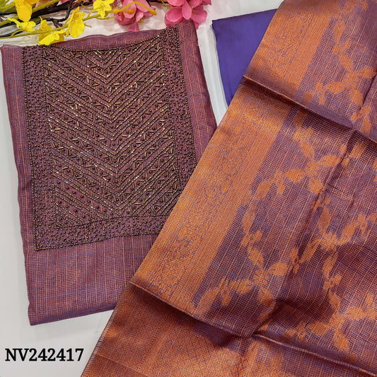 CODE NV242417 : Purple tissue silk cotton unstitched salwar material, heavy bead work on yoke(thin fabric, lining needed)dark purple silk cotton bottom, tissue silk cotton dupatta with heavy banarasi zari woven design.