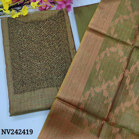 CODE NV242419 : Green tissue silk cotton unstitched salwar material, heavy bead work on yoke(thin fabric, lining needed)matching silk cotton bottom, tissue silk cotton dupatta with heavy banarasi zari woven design.