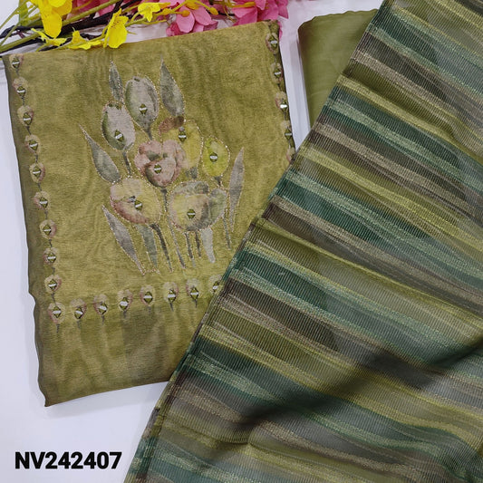 CODE NV242407 : Olive green digital printed tissue silk unstitched salwar material, zari& real mirror work on yoke(thin fabric, lining needed)matching silky bottom, fancy tissue silk cotton dupatta with zari lines.