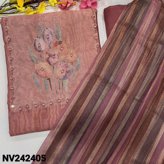 CODE NV242405 : Pink shade digital printed tissue silk unstitched salwar material, zari& real mirror work on yoke(thin fabric, lining needed)matching silky bottom, fancy tissue silk cotton dupatta with zari lines.