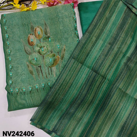 CODE NV242406 : Turquoise green digital printed tissue silk unstitched salwar material, zari& real mirror work on yoke(thin fabric, lining needed)matching silky bottom, fancy tissue silk cotton dupatta with zari lines.