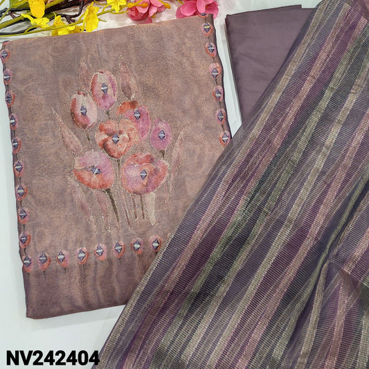 CODE NV242404 : Dark mauve digital printed tissue silk unstitched salwar material, zari& real mirror work on yoke(thin fabric, lining needed)matching silky bottom, fancy tissue silk cotton dupatta with zari lines.