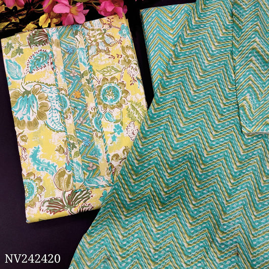 CODE NV242420 : Pastel yellow printed soft cotton unstitched salwar material, thread& sequins work on yoke(lining needed)zig zag printed cotton bottom, zig zag printed soft cotton dupatta(REQUIRES TAPINGS).