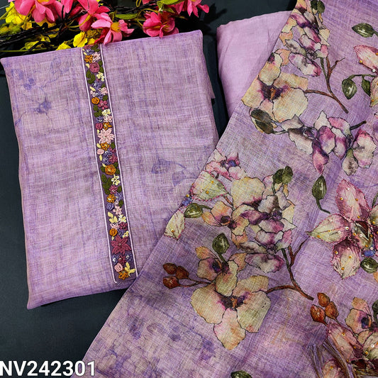 CODE NV242301 : Lavender with golden tint designer abstract printed tissue linen unstitched salwar material, hand embroidered on yoke(thin fabric, lining needed)matching santoon bottom, printed tissue linen dupatta with thread work.