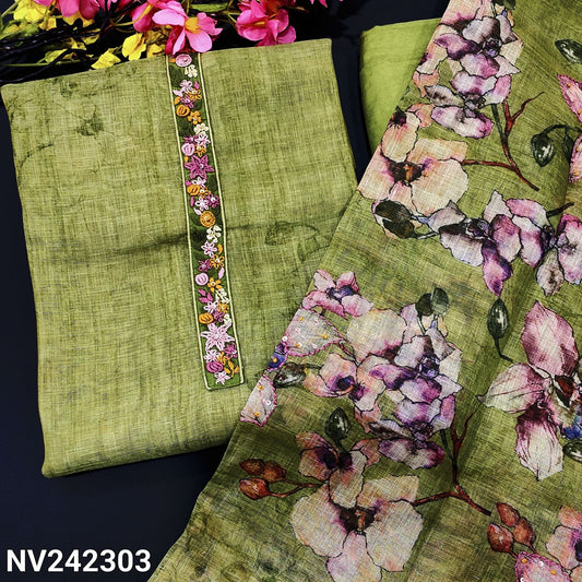 CODE NV242303 : Cardamom green with golden tint  designer abstract printed tissue linen unstitched salwar material, hand embroidered on yoke(thin fabric, lining needed)matching santoon bottom, printed tissue linen dupatta with thread work.