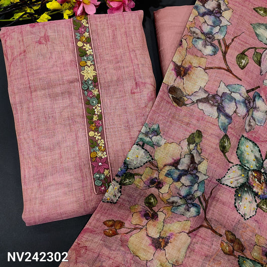 CODE NV242302 : Pink with golden tint designer abstract printed tissue linen unstitched salwar material, hand embroidered on yoke(thin fabric, lining needed)matching santoon bottom, printed tissue linen dupatta with thread work.