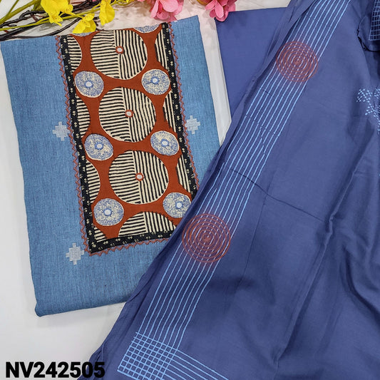 CODE NV242505 : Denim blue south handloom cotton unstitched salwar material, printed yoke with real mirror& thread work(lining needed)dark blue cotton bottom, block printed pure cotton dupatta