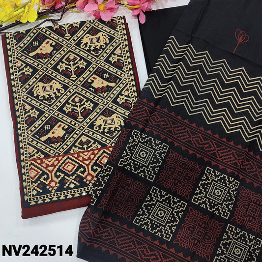 CODE NV242514 : Maroon printed premium soft cotton unstitched salwar material, patola printed yoke with faux mirror& sequins work(lining optional)black cotton bottom, block printed pure cotton dupatta.